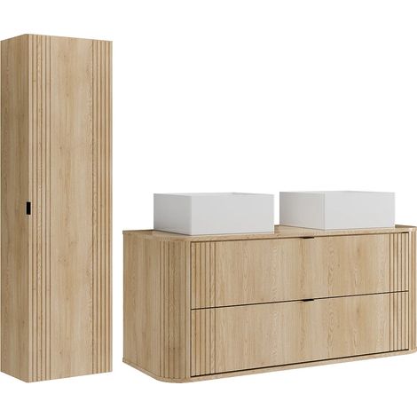 Meuble de salle de bain suspendu avec double vasque à poser carrée et colonne - Naturel clair - 120 cm - FILOR (1/5)