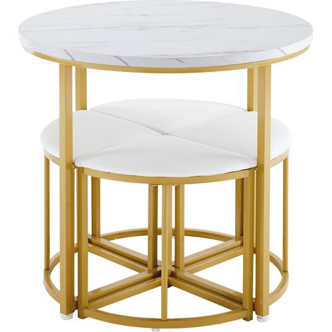 Essgruppe mit rundem Esstisch und 4 Stühlen, MDF Metall Samt, Weiß Gold, 80 cm - PANGIVO (1/5)