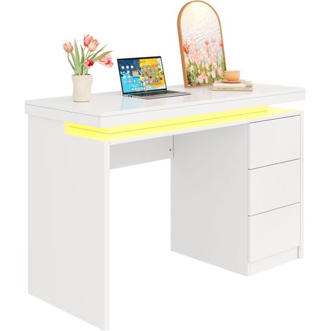 Bureau LED moderne 120×50×78,5 cm – bureau d'ordinateur avec trois tiroirs, surface de travail allongée et élargie, pieds renforcés, éclairage LED réglable, adapté au télétravail (1/5)