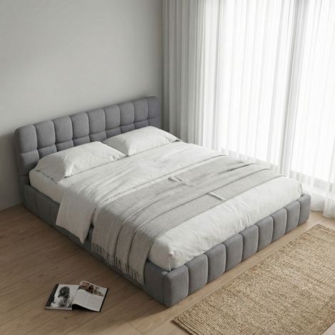 Lit adulte 160x200 avec sommier, lit double capitonné en lin, design nuage & cadre de lit bas, style scandinave moderne(160x200cm, Gris)