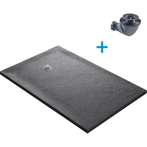Receveur de douche gris 160 x 90 cm haute densité pierre naturelle - grille carrée excentrée (1/4)