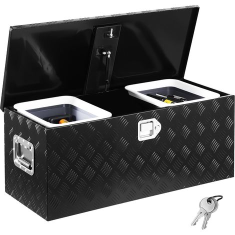 Boîte à outils pour camion en alu 899 x 370 x 370 mm, coffre de benne de pick-up plaqué à rayures, avec étagères coulissantes, poignées latérales, serrure et clés pour remorque camping-car, noir (1/5)