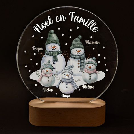 Veilleuse LED Noël Famille 2 enfants – Lampe personnalisée “Noël en Famille” – Bonhommes de neige – Cadeau lumineux personnalisé – Fabrication française (1/5)
