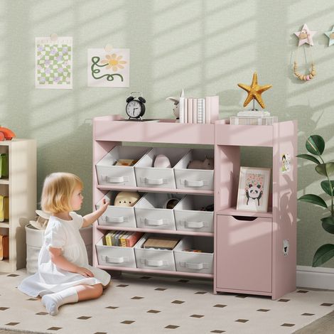 Mueble de almacenamiento infantil, estantería para juguetes con 9 cajones de tela y armario, color rosa. (1/5)