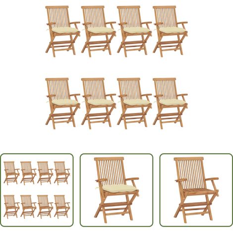 Teakholz - Gartenstühle mit Cremeweißen Kissen 8 Stk. Massivholz Teak (1/5)