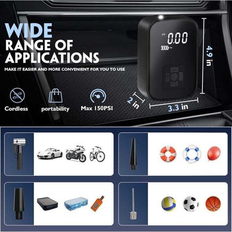 Compresseur d'air portable, mini pompe électrique 3600 mAh 150 psi, pompe à vélo électrique avec écran LCD numérique, 4 modes, gonfleur de pneus rechargeable pour vélos, motos, scooters, ballons (1/3)