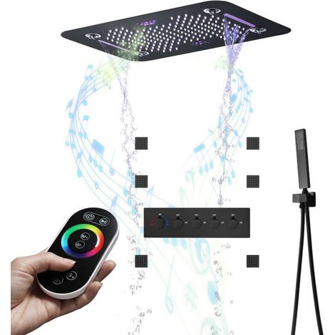 Esip – Colonne de douche thermostatique noire – Pommeau 580x380mm avec musique Bluetooth – 64 couleurs LED – 6 buses de massage autonettoyantes