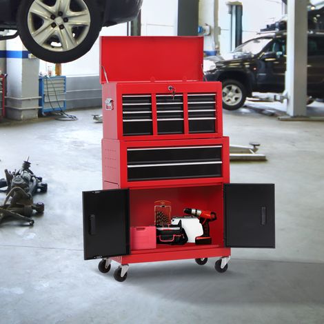 Armoire à outils avec boîte à outils - 6 tiroirs - métal - rouge - roulable - Robuste
