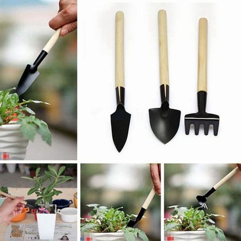Kit de 3 mini-outils de jardinage à main : pelle, bêche, râteau et truelle à manche en bois. (1/5)