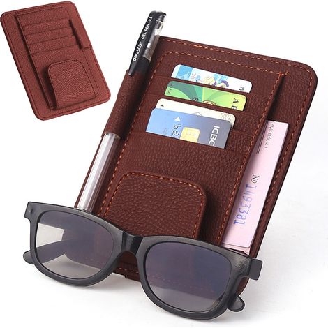 Support Pour Pare-Soleil - Porte-Cartes En Cuir Synthétique - Fixation Velcro - Compatible Épaisseur ≤ 2 cm - 4 Fentes Cartes Bancaires - 1 Logement Lunettes - 1 Grand Compartiment - 1 Fente Stylo - 1 (1/5)