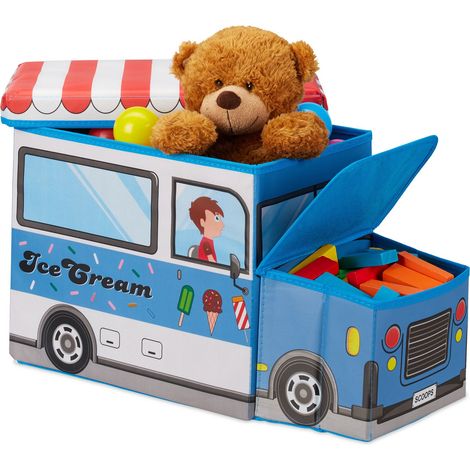 Relaxdays Caja-asiento infantil plegable con tapa, cofre para juguetes 50 L, forma de furgoneta de helados, azul