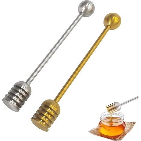Set di 2 cucchiai per miele, mestolo, contagocce, utensile da cucina, cucchiaio per miele, bastoncino per mescolare, colazione, per barattoli e contenitori di miele, argento e oro (1/5)