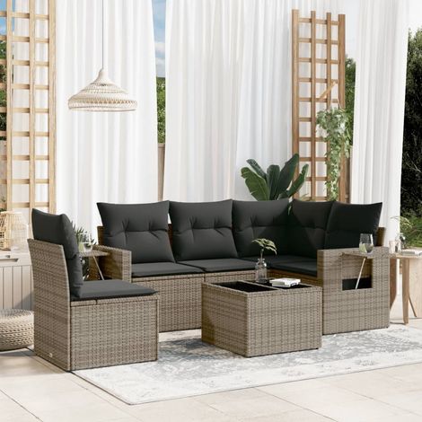 Salon de jardin 5 places en résine tressée noire, canapés modulaires avec coussins beige et tables d'appoint intégrées (112 x 62 x 69 cm) (1/5)