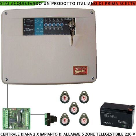 Centrale Antifurto Diana 5 Zone Batteria 12 V 7 Ah 5 Chiavi TAG 2 Meccaniche Impianto Filo. Gestisce Sensori Ingresso Con Comando Remoto di Telegestione Uscita Sirene Combinatore Videocamera Fumogeno (1/5)