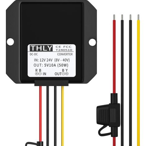 Abaisseur de Tension 24V 12V à 5V DC-DC, Convertisseur de Tension 8-40V à 5V Adaptateur Secteur 10A 50W avec Fusible étanche, pour Système Solaire de Bateau de Camion électronique de Voiture (1/5)