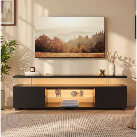 Mobile TV in legno ingegnerizzato nero con LED multicolore, 3 vani chiusi e 1 ripiano aperto (1/5)
