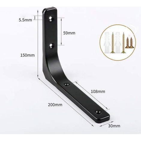 Equerre Etagere Murale, 4PCS Equerre Metal 200mm x 150mm Equerre Charge Lourde Support Etagere Murale Pour Deco Murale Cuisine Industrielle radiateur Montage Mural (Noire) (1/4)