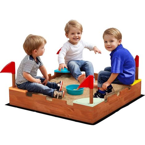Bac à sable en bois pour enfants 3-7 ans avec sièges, drapeaux, sans fond, thème de la muraille, 90 x 90 x 17 cm, marron (1/5)