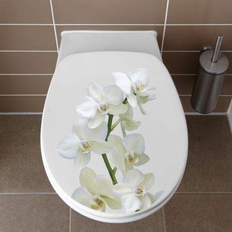 Sticker Abattant WC Orchidée Jaune, Branche Verte, Fleur Fraiche, 33x38cm, Décoration Toilettes Maison (1/3)