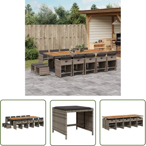 The Living Store 15-tlg. Garten-Essgruppe mit Kissen Grau Poly Rattan - Gartenmöbel Set - Essgruppenset - Outdoor Möbel - PE-Rattan Gartenmöbel - Wetterfest (1/5)
