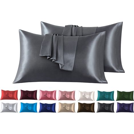 Taies Oreiller Satin 40 x 80 cm Lot de 2 Taies Oreiller Satin Gris foncé Satinées Housse d'oreiller Doux Prend Soin de Votre Peau et Antichute de Cheveux (1/5)