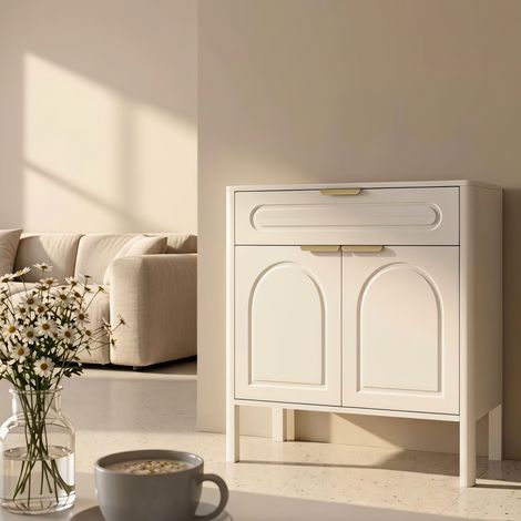 Buffet à tiroir rangement poignées en métal doré bords arrondis coloris blanc modèle indépendant style moderne (1/5)