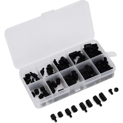 Kit de 180 vis et écrous en nylon noir M3 à six pans creux, assortiment de fixations à passage simple ou double (1/5)