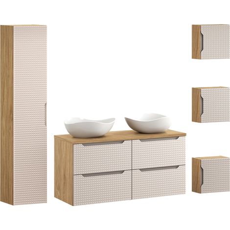 Doppelwaschtisch und Hängesäule 120cm Mallory mit 2 Schubladen, Beige und Holzoptik