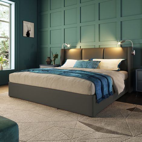 Cama tapizada moderna 160x200 cm con canapé, cabecero PU gris, luz de lectura y carga USB, somier de láminas (1/5)