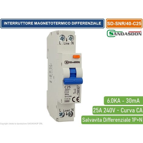 SANDASDON INTERRUTTORE MAGNETOTERMICO DIFFERENZIALE SALVAVITA PER BARRA DIN 1 MODULI 1P+N 25A C25 240V 30mA 6KA (1/2)