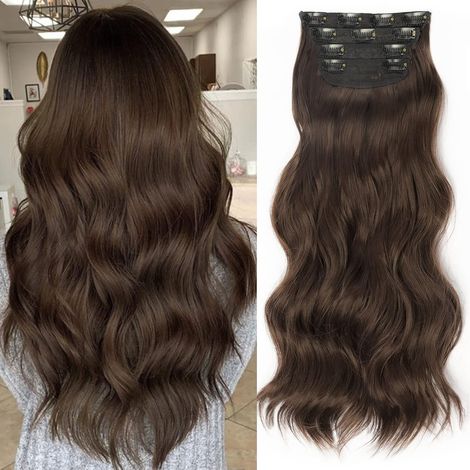 Extensions de cheveux, 50 cm (20 pouces) à clips, longues et ondulées, lot de 4, extensions épaisses pour une tête complète (50 cm, châtain foncé)