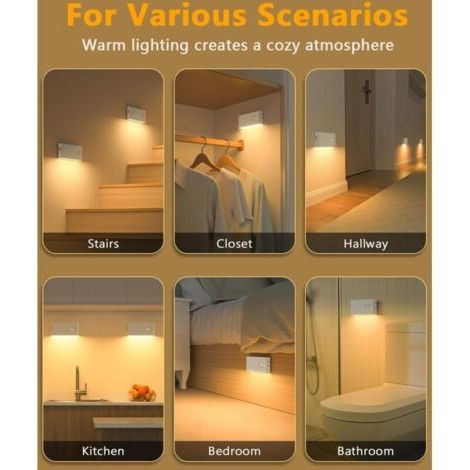 Veilleuse Détecteur de Mouvement, Lot de 4 Lampes LED Rechargeables, Lampe Détecteur de Mouvement Intérieur avec 3 Modes(AUTO/OFF/ON), Lampe Veilleuse pour Escalier, Couloir, Chambre, Armoire (1/3)