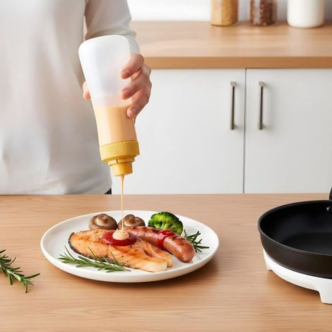 Lot de 2 distributeurs de sirop pour gateaux, flacons de sauce gradués de 350 ml en plastique souple avec bouchon hermétique,Jaune (1/4)
