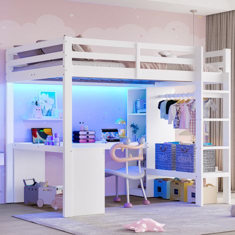Bett Hochbett Stauraum 140x200 mit Schreibtisch Weiß OKMYHOME (1/5)
