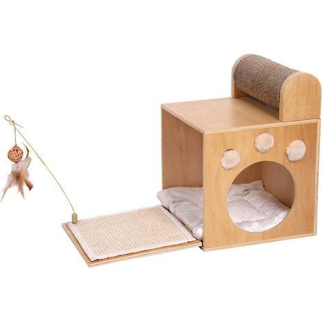 Tiragraffi Magic Box con cuccia completa di cuscino e struzzicagatto in piuma per gatti