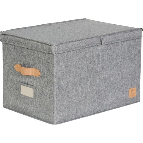 Boite de rangement avec couvercle XL - Tissu en lin - Inscriptible - Renforcée en bois - Grande et robuste - Gris - 50x33x32 cm (1/5)