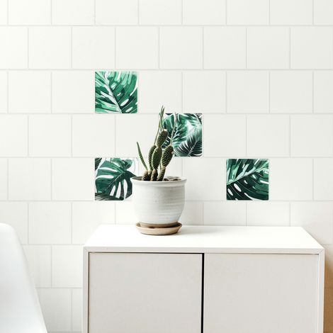 Sticker adhésif 15x15cm x4, Tropical Vert, feuilles aquarel sur fond blanc, déco Homestaging, décoration intérieure. (1/3)