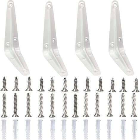 4 Pièces, Support Equerre D'étagere, Equerre Etagere Murale, Support Étagère Mural en Métal, Stable, Forte Capacité de Charge, avec 24 Vis, pour Chambre, Salon, Cuisine, Bureau (Blanc) (1/5)