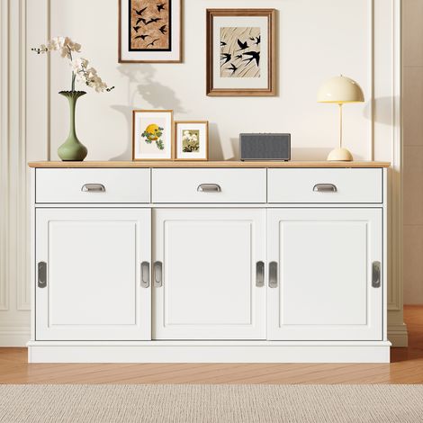Aparador - 140 x 40 x 77 cm - 3 cajones, 3 puertas correderas, tiradores plateados, estilo moderno, mdf, blanco (1/5)