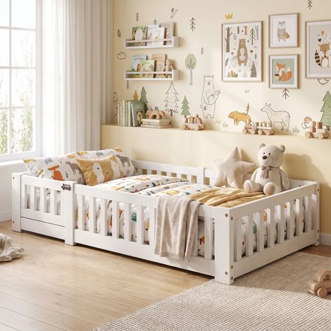 Superaly - Lit simple enfant 90x200cm - avec barrières de sécurité - cadre en pin massif - sommier à lattes - plancher Montessori - style minimaliste - convient aux enfants et adolescents - blanc (1/5)