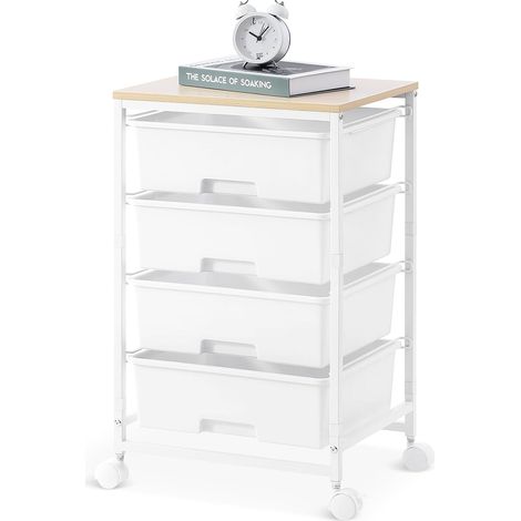 Chariot de rangement à 4 tiroirs sur roulettes plateau de table en bois, pour cuisine, salon, chambre à coucher, mouvement facile, grande capacité, 4 tiroirs, blanc (1/5)