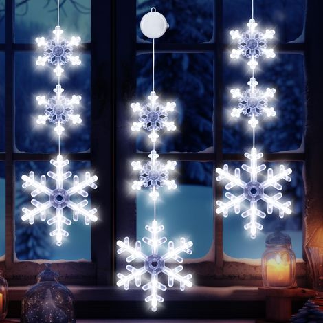 Décorations de Noël pour fenêtres, lot de 3 guirlandes lumineuses flocons de neige à ventouse, fonctionnant sur piles, blanches, pour intérieur et extérieur, cheminée, maison ou fête. (1/5)