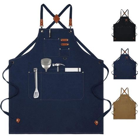 Tabliers pour femmes et hommes, tablier de chef en toile de coton avec sangle réglable et grandes poches,tabliers de travail,bleu (1/5)