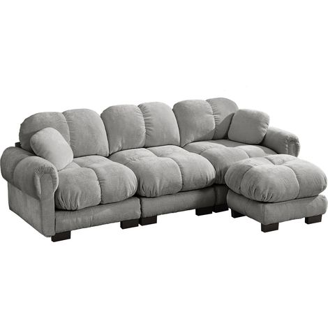 ELVMI Canapé d'angle 3 Places avec Pouf Mobile, Coussins Épais Matelassés et Coussin Amovible, en Chenille Gris Clair (1/5)