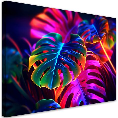 Tableau sur toile Tableau sur toile Feuilles de monstera aux couleurs fluorescentes 90x60 (1/5)
