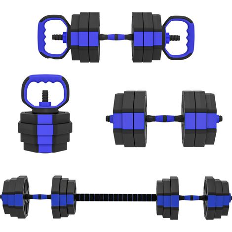 Haltères réglables 6-en-1 25 kg avec kettlebell, barre de musculation et support pompes bleu (1/5)