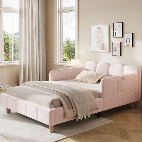 Cama infantil tapizada (103.4x54.79x30 cm), con cabecero ergonómico, bolsillos laterales, terciopelo rosa (1/5)
