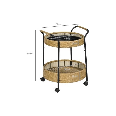 Desserte de jardin naturelle en rotin avec 2 plateaux ronds et poignées, chariot de bar mobile pour cuisine, terrasse et jardin (1/5)