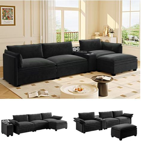 Canapé modulaire sectionnel de 315 cm, canapé nuage en chenille en forme de L avec rangement, pouf, charge sans fil, haut-parleur, éclairage, 2 porte-gobelets, canapés pour salon, bureau, noir (1/5)