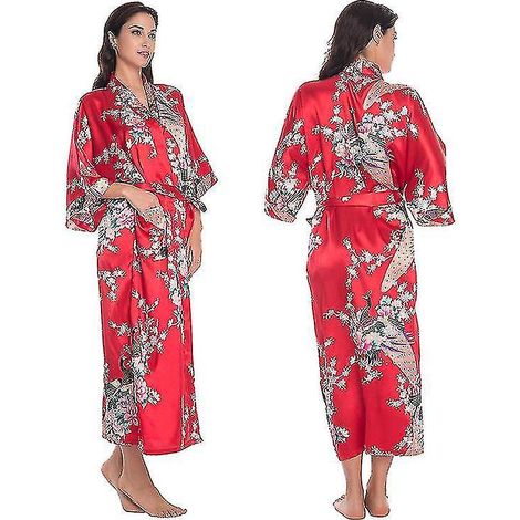 Damen-Kimono aus Satin mit Blumenmuster, Hochzeitsmorgenmantel, Nachthemd – XL – Rot